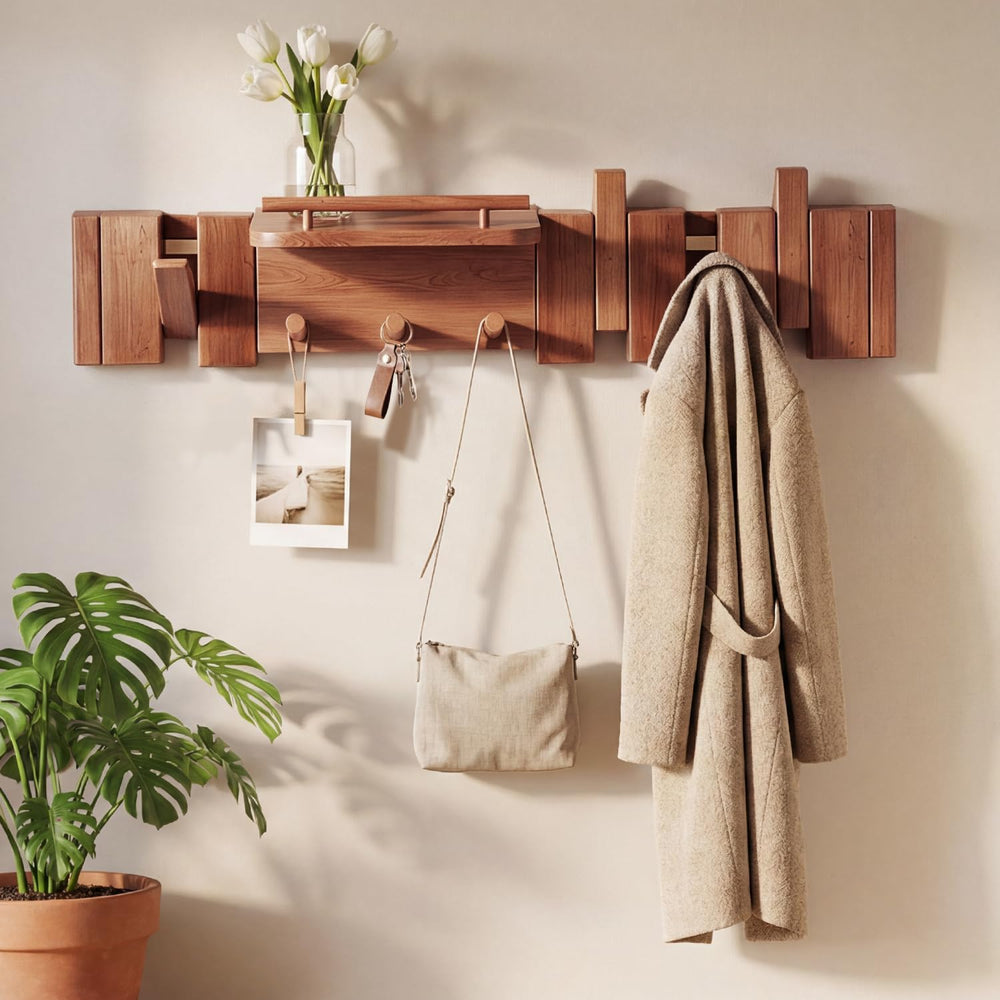 Mid Century Modern Wood Coat Rack Wall Mount with Shelf, 7 Hooks, Walnut
