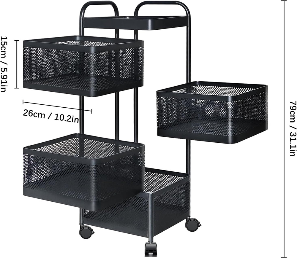 Rotating Kitchen Storage Rack, 4 Tier Rolling Cart with Fruit and Vegetable B...