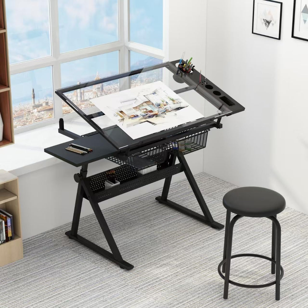 Black Drafting Table Desk w/Stool, Painting Table Art Craft Desk Crafting Tab...
