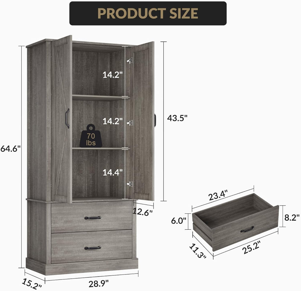 65" Tall Kitchen Pantry Cabinet with Barn Doors, Drawers & Adjustabl...