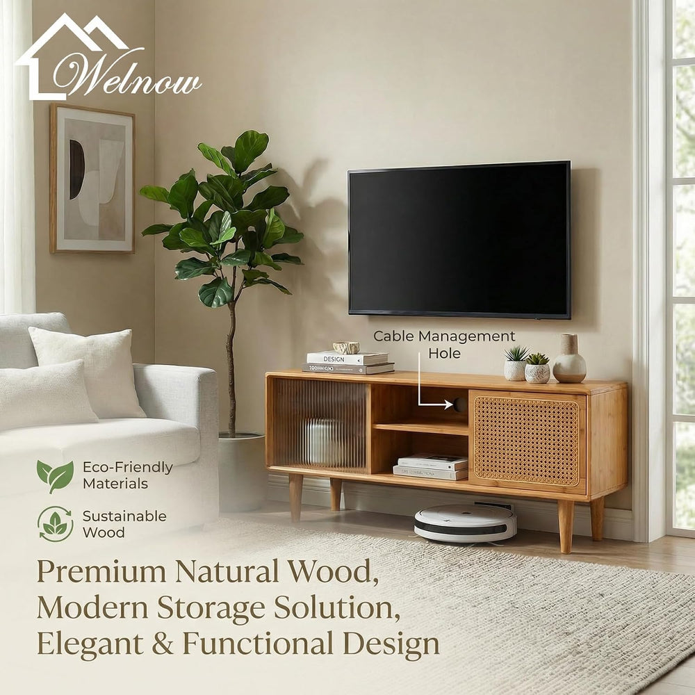 Welnow Rattan TV Stand for Up to 55 Inch, Mid Century Modern Bamboo Entertain...