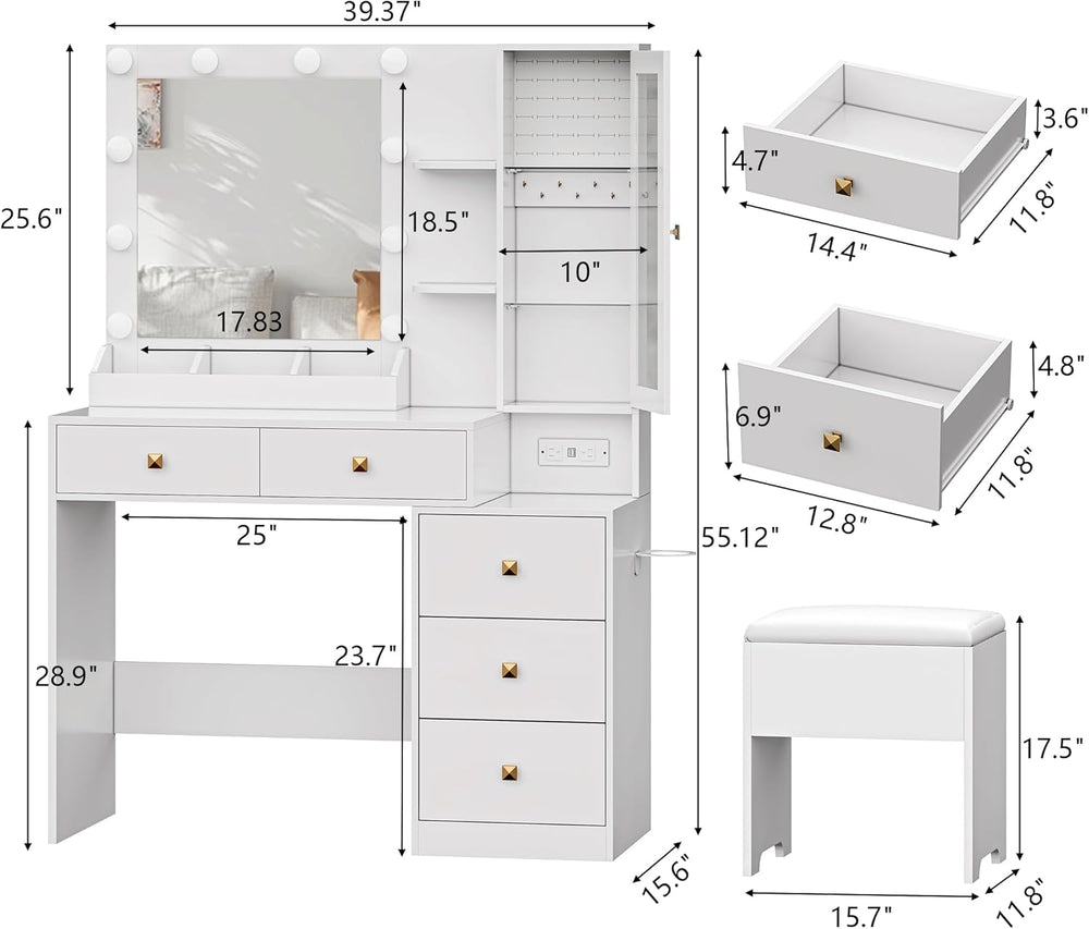 Vanity Desk with Mirror and Lights, White Makeup Vanity with 5 Drawers Hidden...