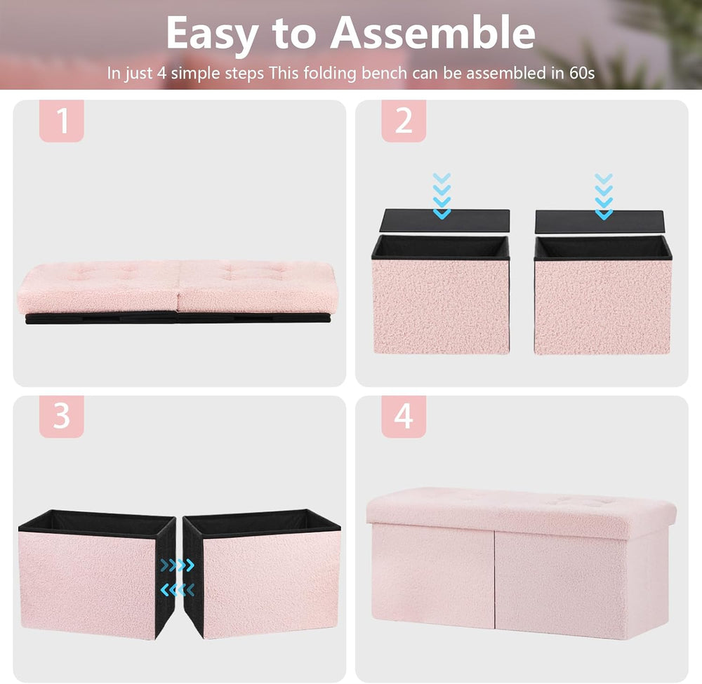 Storage Ottoman Bench, 34" Teddy Velvet Folding Foot Rest, Pink | Large ...
