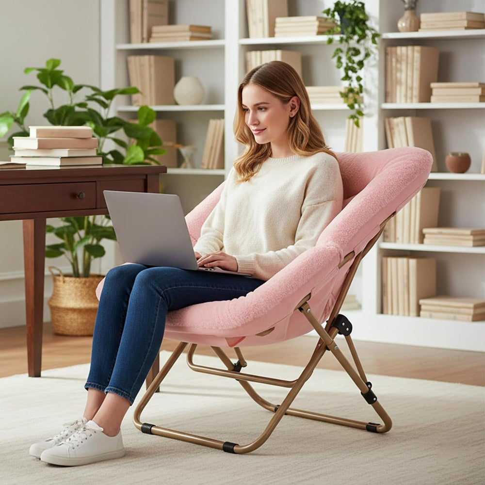 Tiita Comfy Folding Saucer Chair for Adults, Moon Chair, Pink | Soft Faux Fur...