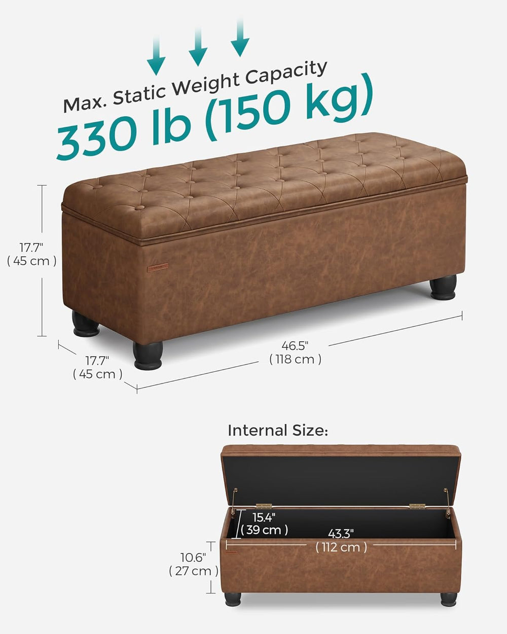 SONGMICS Storage Ottoman, 46.5 Inches Long Bed End Stool, Solid Wood Legs | B...