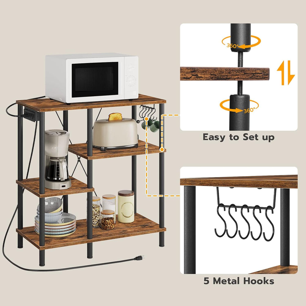 HOOBRO Bakers Rack with Power Outlet, Microwave Stand with 5 S-Shaped Hooks, ...