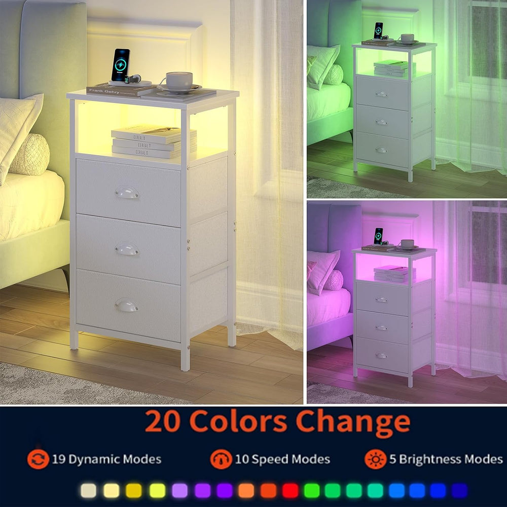 sthmec Nightstand with Charging Station,LED White Nightstand with 3 Fabric Dr...