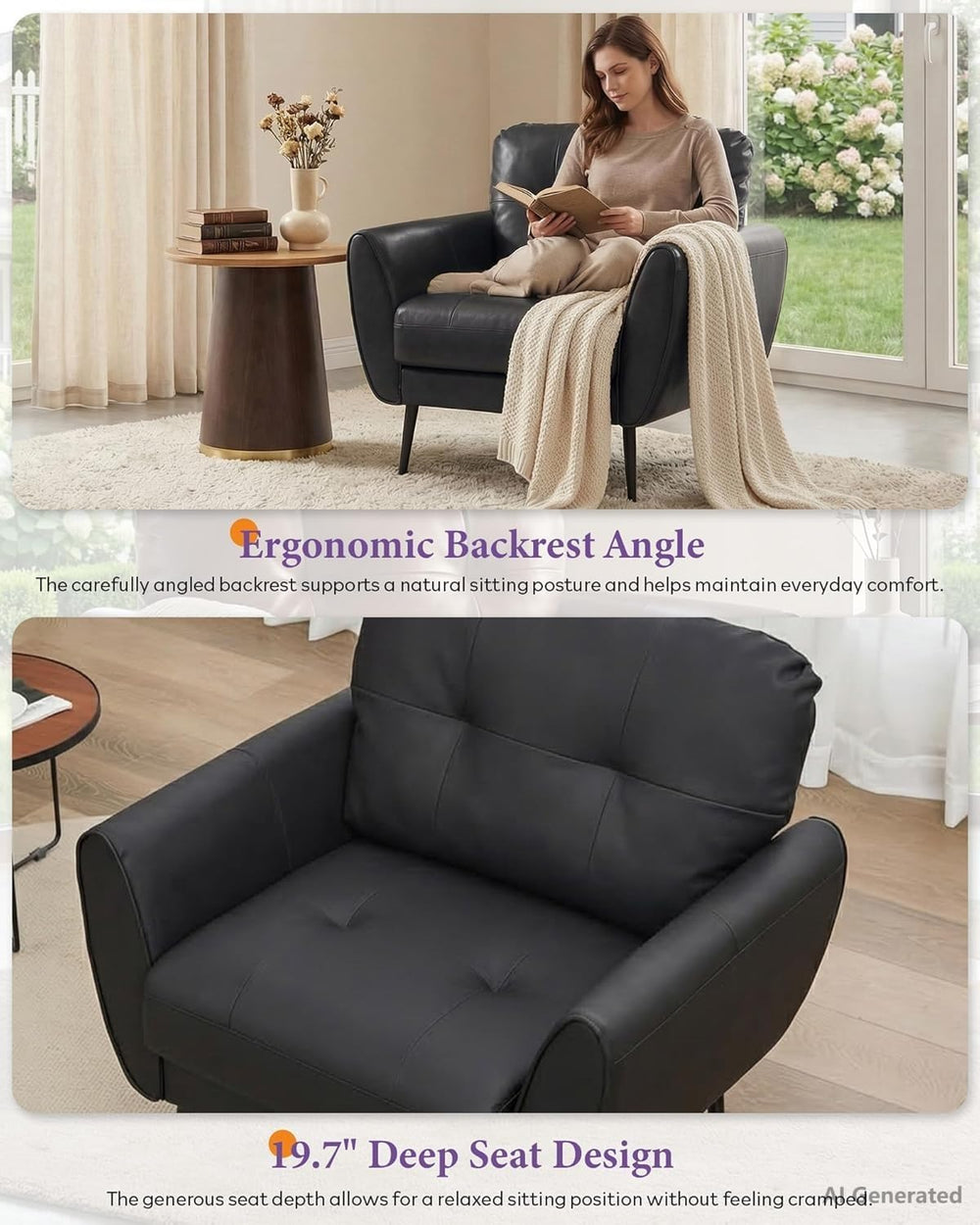 Black Leather Accent Chair, Tufted Reading Armchair for Living Room Office