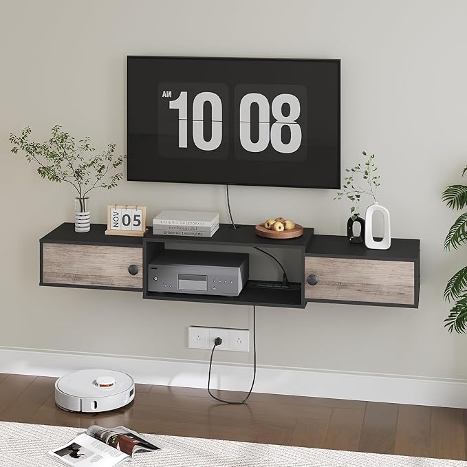 HOOBRO 55" Floating TV Stand with Power Outlets, Modern Wall Mounted Med...