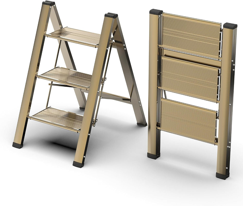 FlyGeneral 3 Step Ladder, Folding Ladder Stool, Gold