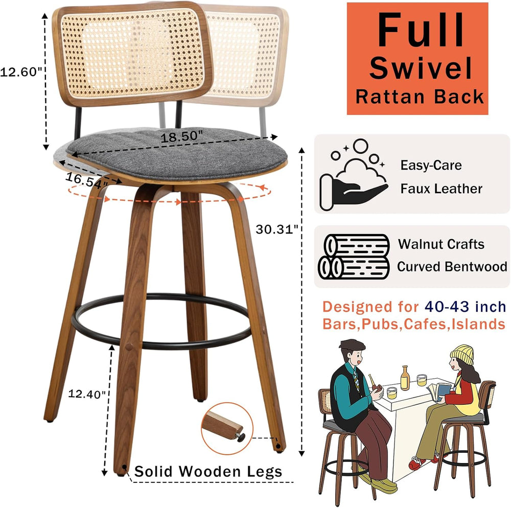 30 inch Kitchen Bar Stools, Mid Century Modern Rattan Swivel Bar Stools