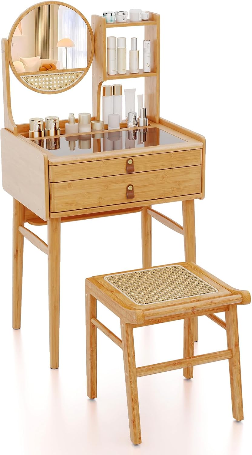 CHARMAID Small Bamboo Vanity Desk with Mirror and Stool, Glass Top Makeup Van...