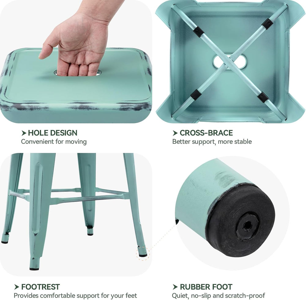 24 Inch Metal Bar Stools Set of 2, Stackable for Indoor Outdoor, Mint Green