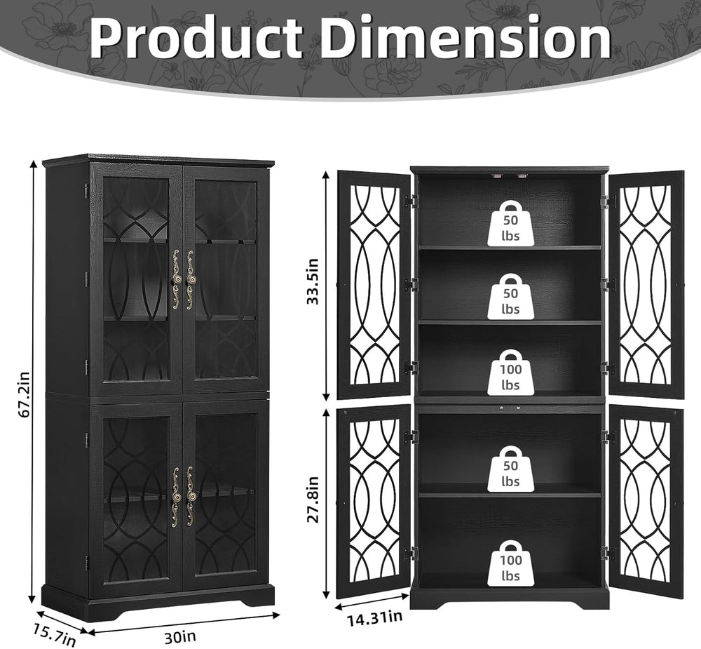 Joaxswe 67" Tall Pantry Cabinet, Wood Kitchen Pantries Cabinets with Gla...