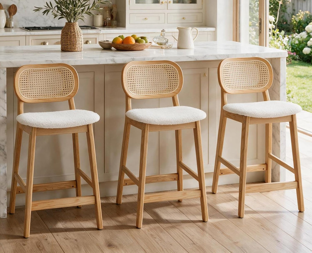 Shunzhi Rattan Bar Stools Set of 3, Upholstered Farmhouse Barstools with Wove...