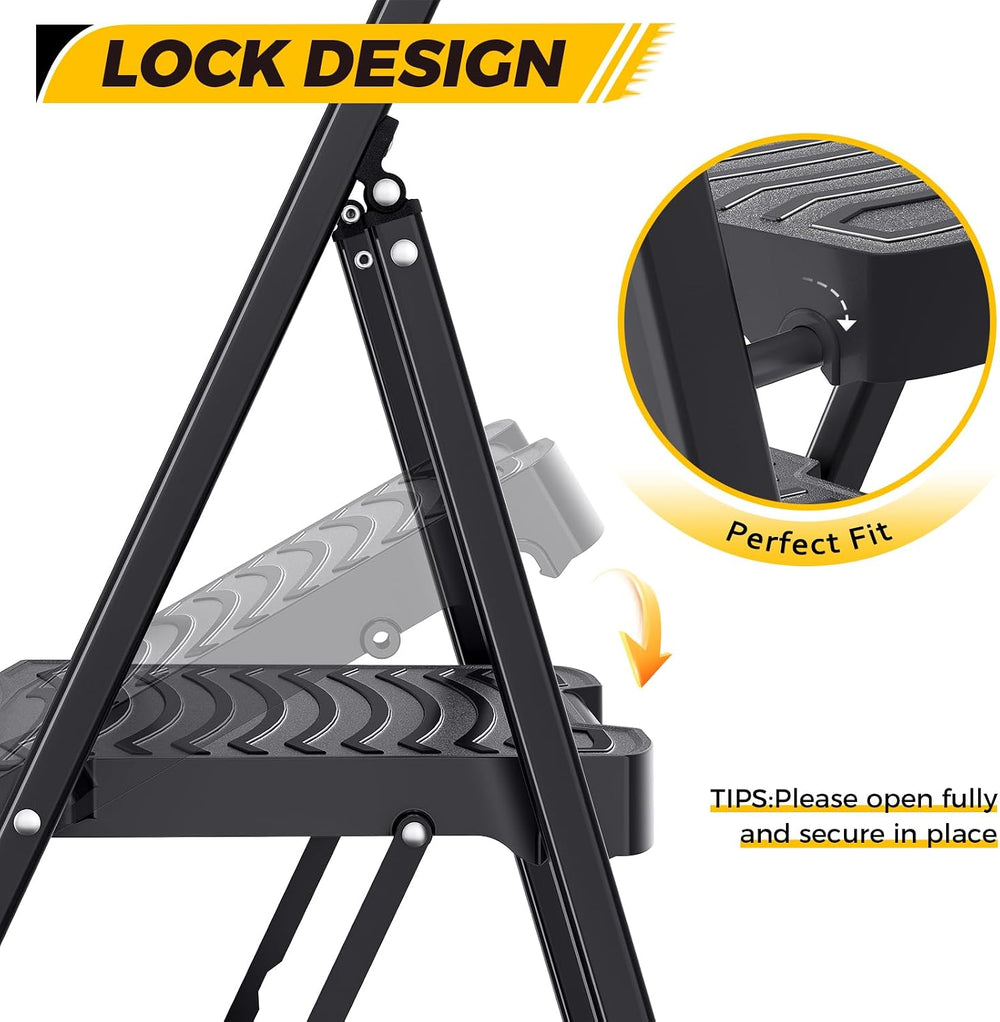 KINGRACK 3 Folding Step Ladder with Handrail, Steel Step Stool, Black