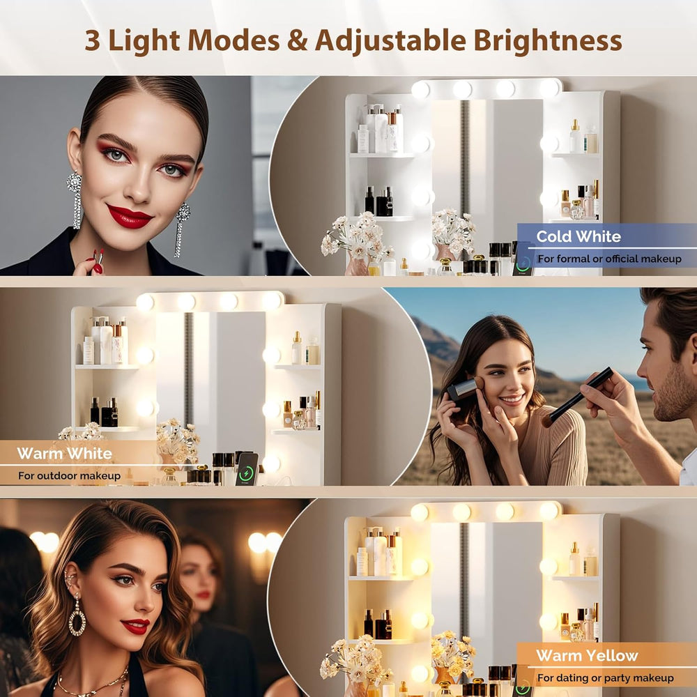 VINGLI Fluted Makeup Vanity Desk with Mirror and Lights and Stools, Small Van...