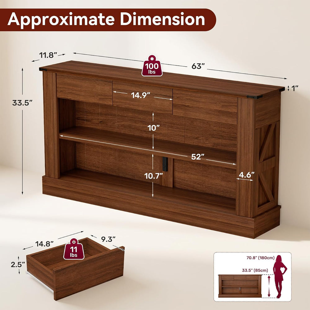 Miereirl 63" Console Table with Drawers & LED Light, Farmhouse, Waln...