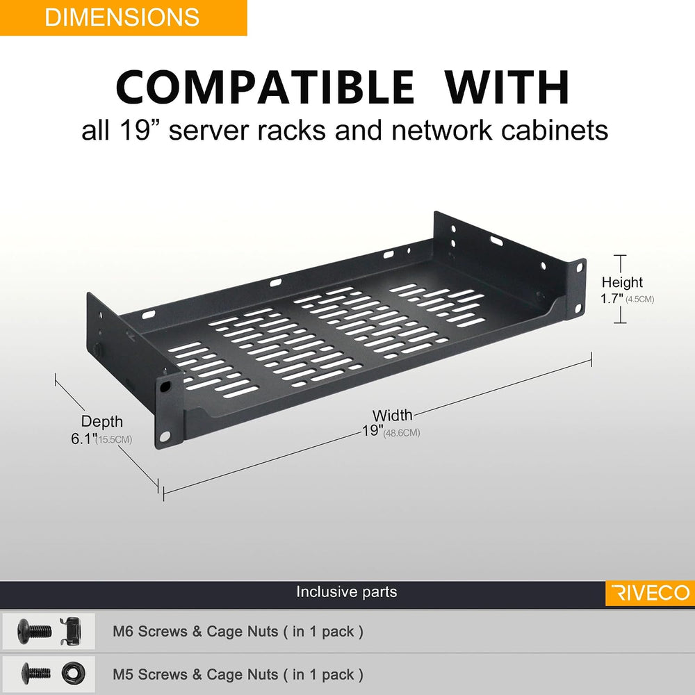 RIVECO 2-Pack 6" 1U Vented Rack Shelf for 19" Server IT Sound Cabinets