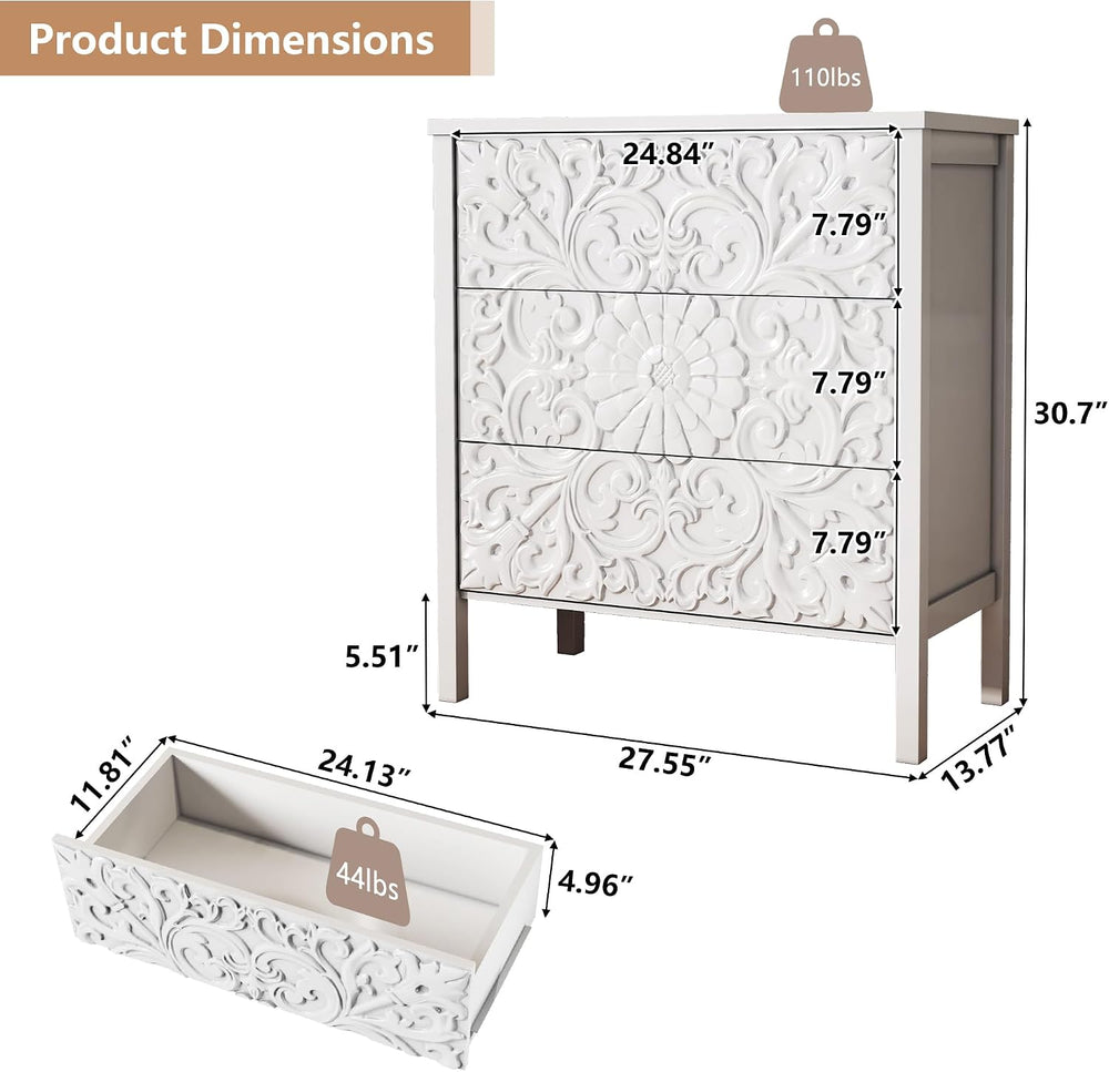 3-Drawer Dresser Chest, Modern Wooden Flower Motif Dressers with Wide Storage...