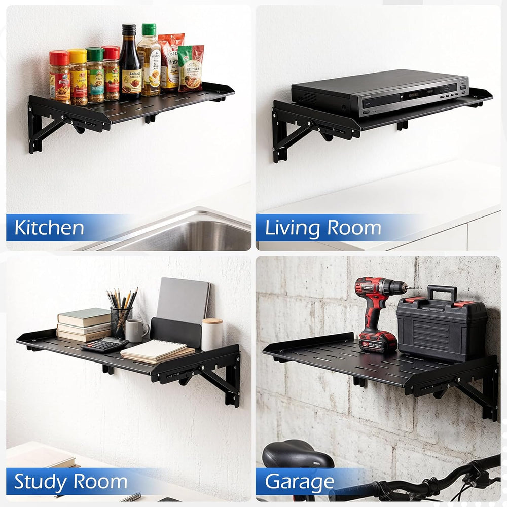 Folding Wall Mount Shelf, 16.9x11 Inch Metal Floating Shelf with Lip, Cable H...