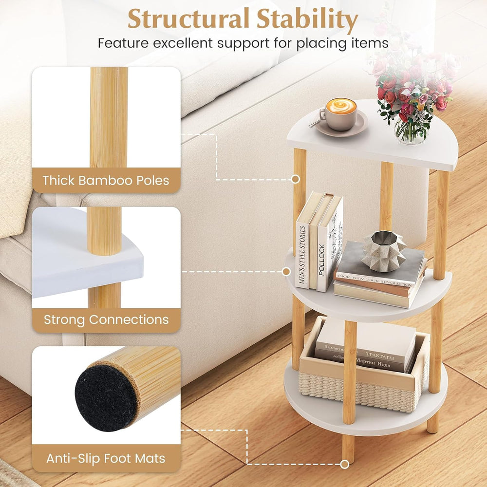 Giantex Bamboo Round Side Table Set of 2, 3-Tier Circular End Tables with Sto...