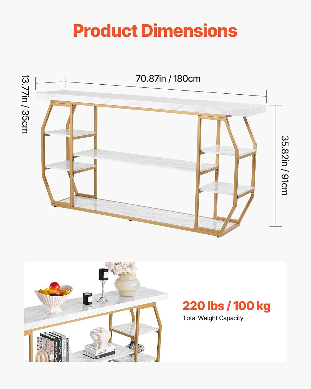 VEVOR Marble Console Table, 3 Tiers Modern Console Table for Open Storage, Go...