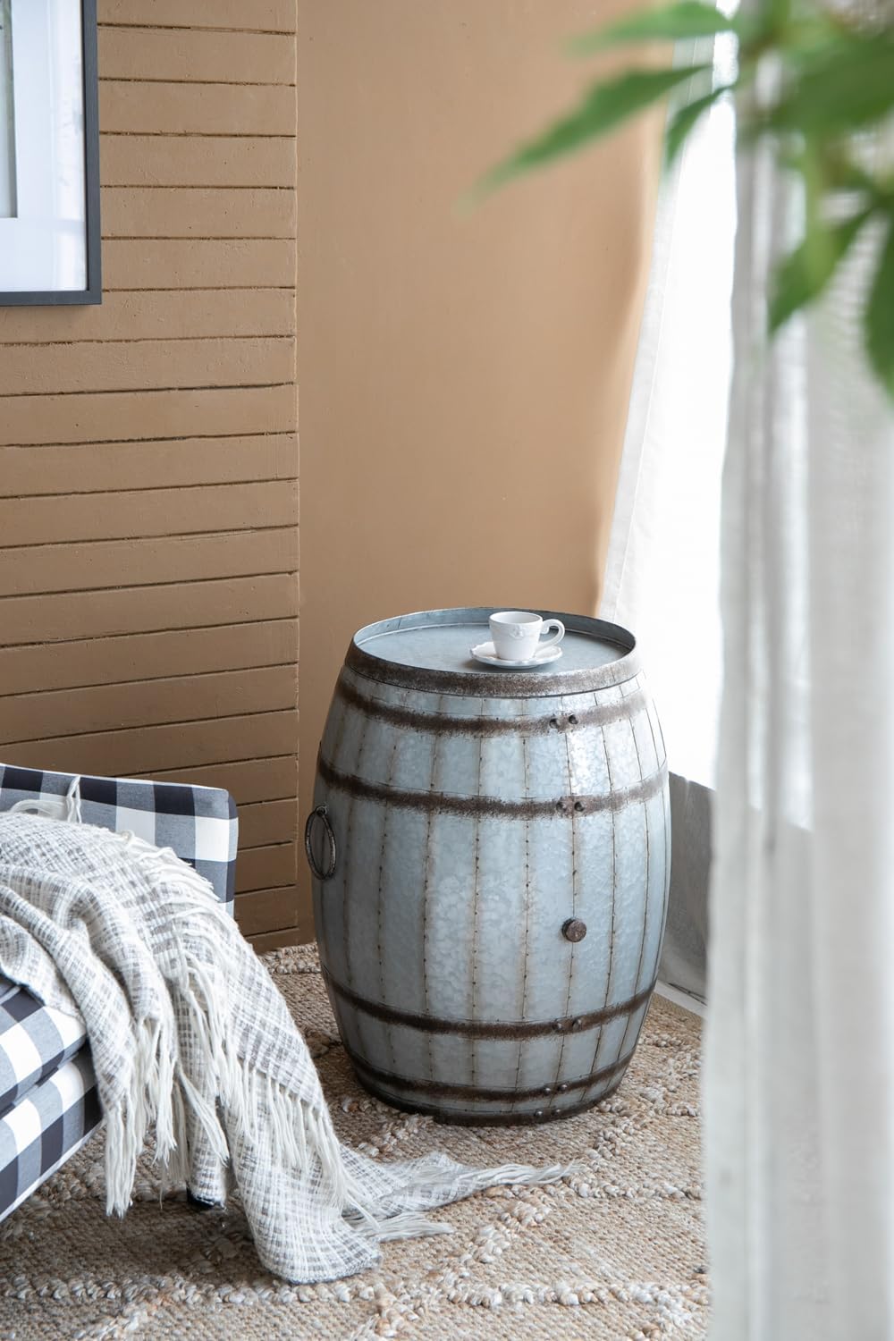 Drum Side Table with Removable Lid, 22.5x22.5x26 Inch Iron End Table with Sto...
