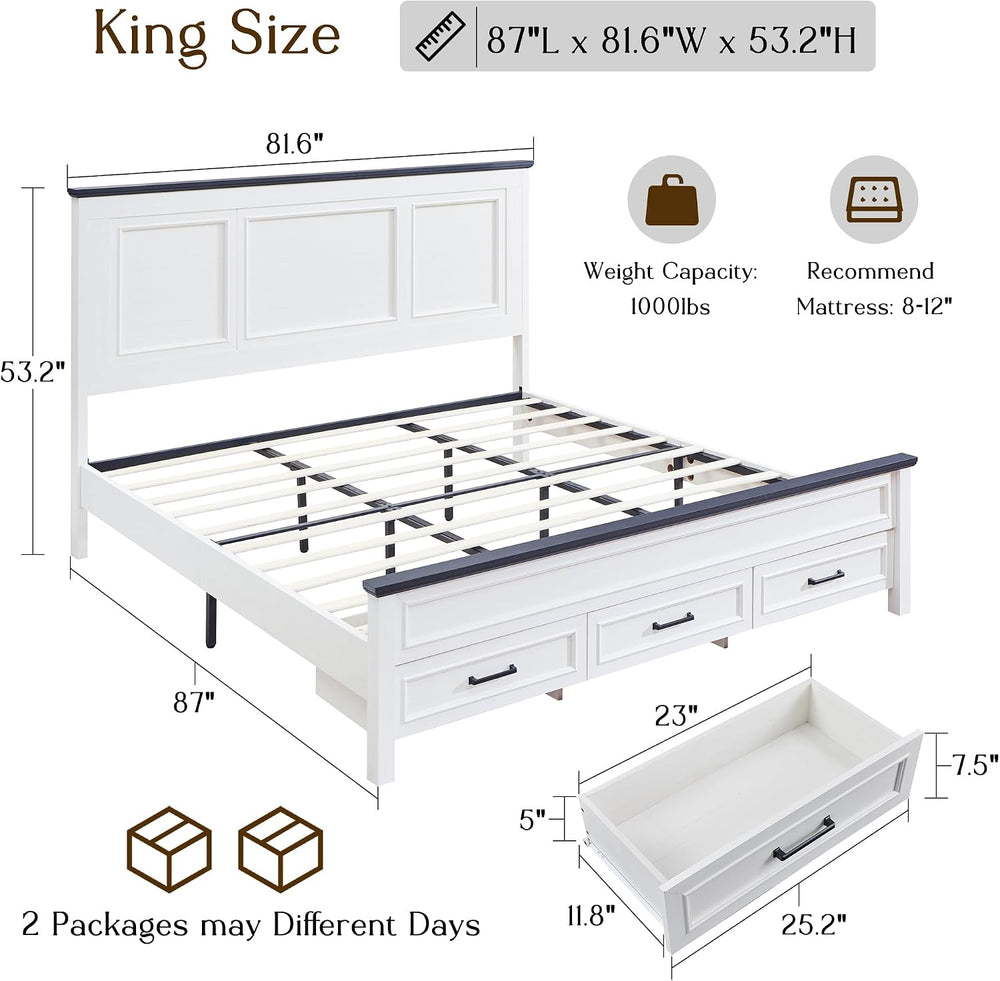 Farmhouse King Size Bed Frame with 53" Tall Headboard, Off White