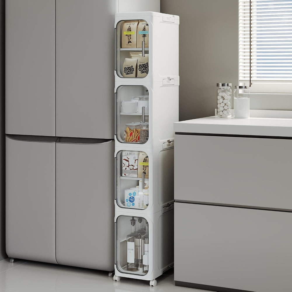 Narrow Slim Bathroom Storage Cabinet with Wheels, 4-Tier White | Tool Free As...