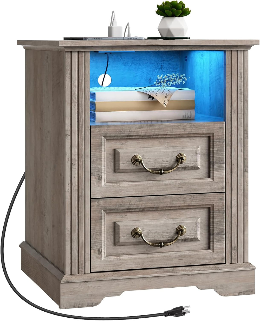 RALGEND Farmhouse End Table with 2 Drawers, Nightstand with Charging Station,...
