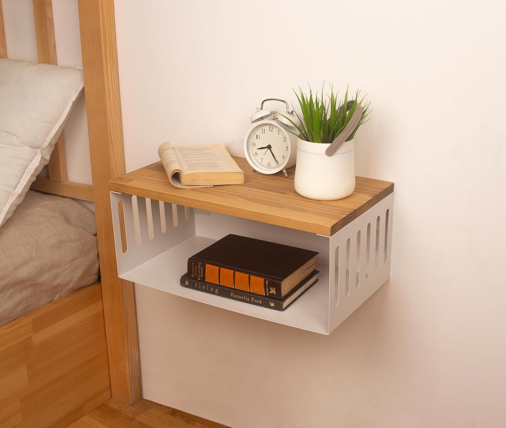 Floating Nightstand with White Metal Base, Wooden Top and Sturdy Metal Base, ...