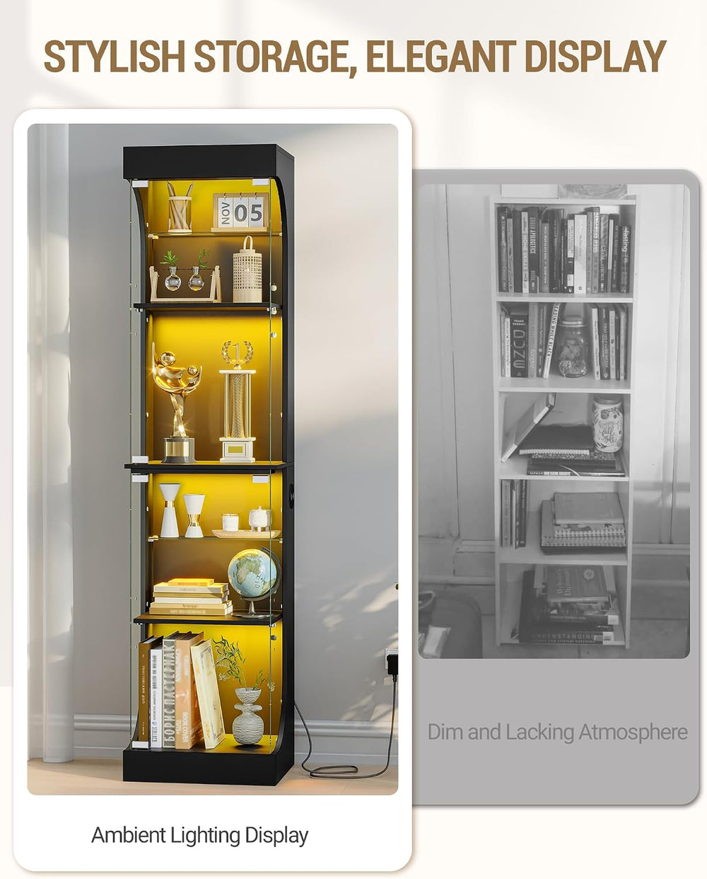 Hzuaneri Glass Display Cabinet 4-Tier Display Case with RGB Lights Black | Cu...