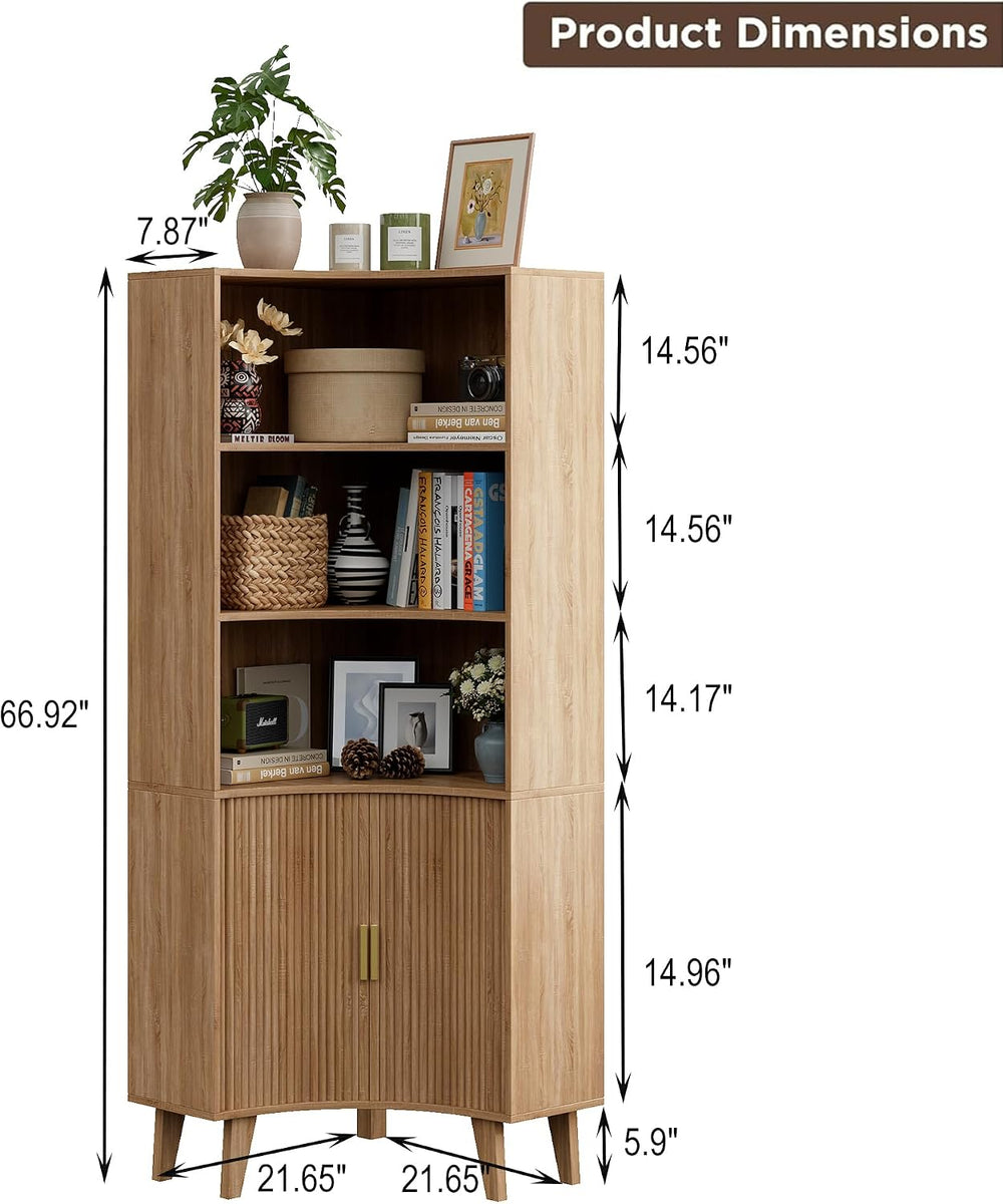 Tall Fluted Corner Cabinet with Sliding Doors,Storage Cabinet,corner shelf