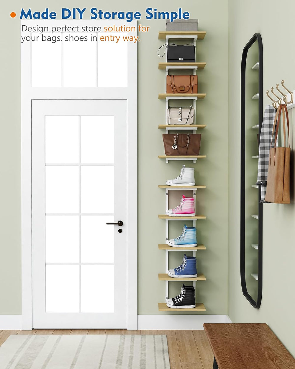 Harwaya White and Natural Tiered Wall Shelf Unit, 5 Tier Display Floating She...