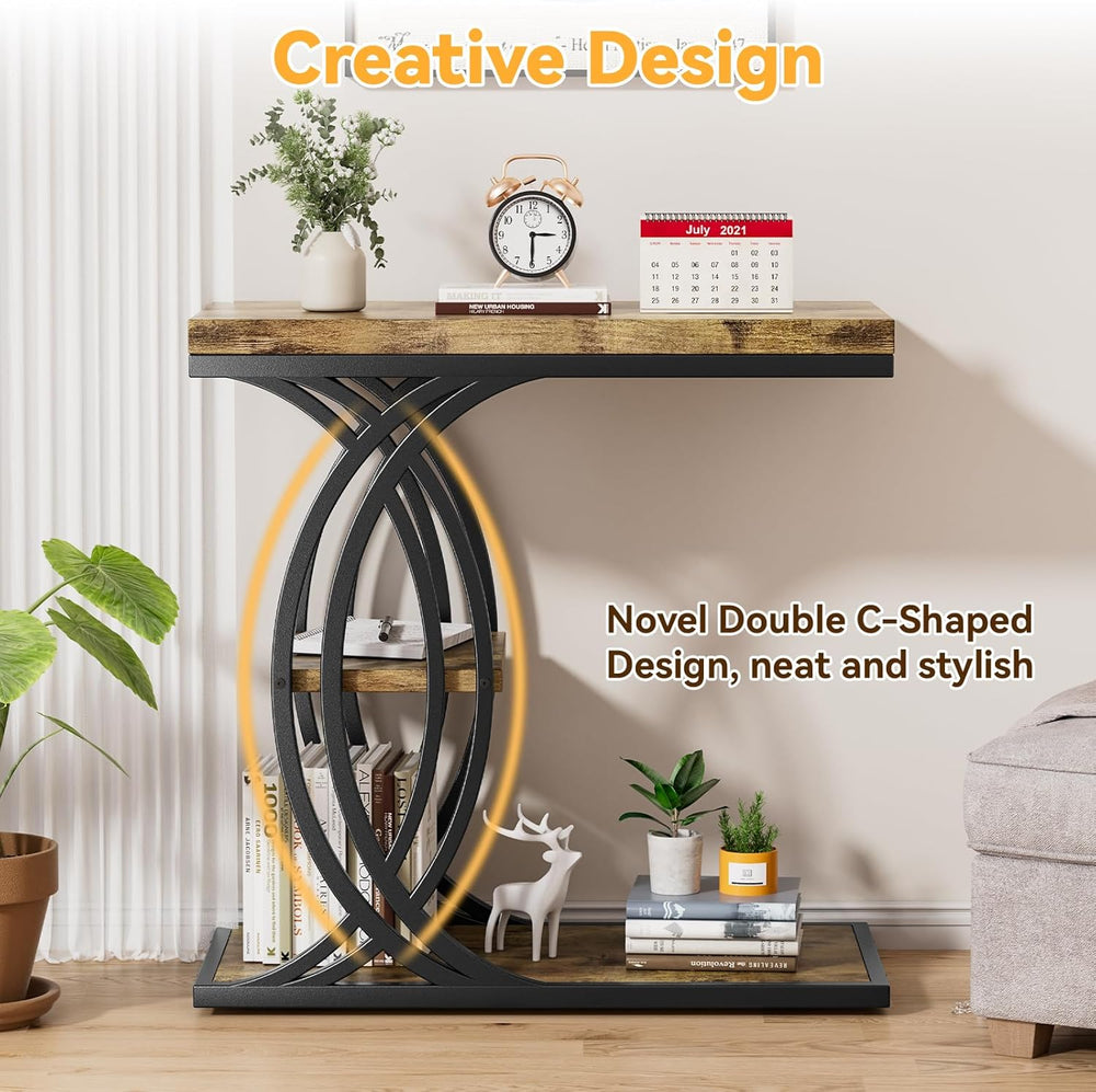 C Shaped End Table, Bed Side Table, 3-Tier Side Table with Metal Frame, Wood ...