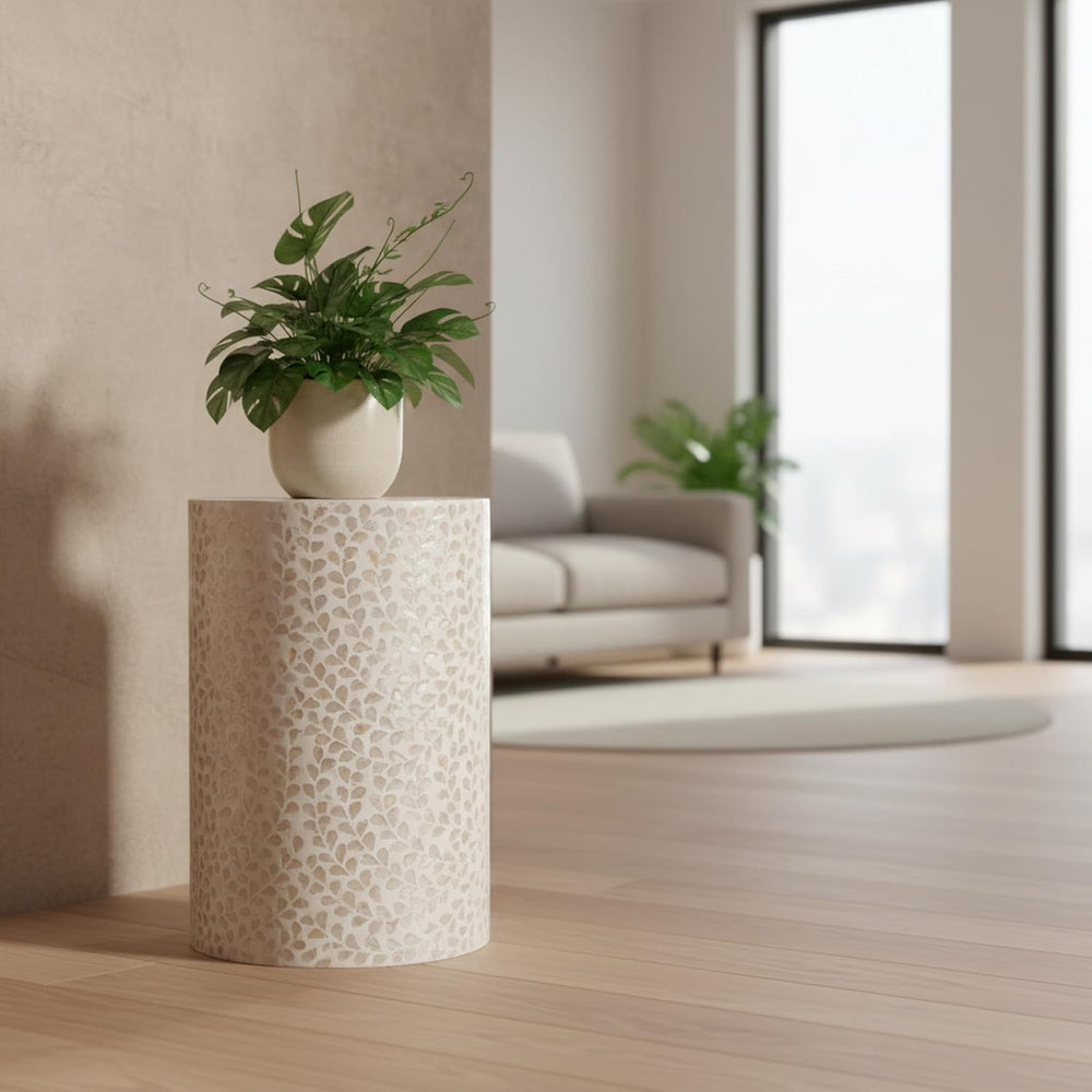 PEMAR Capiz Shell Cylinder Drum End Table Nacre Side Table Stool Accent Coffe...