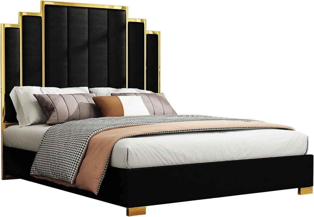Albott Queen Size Platform Bed Frame, 61.4" Velvet Upholstered Bed with ...