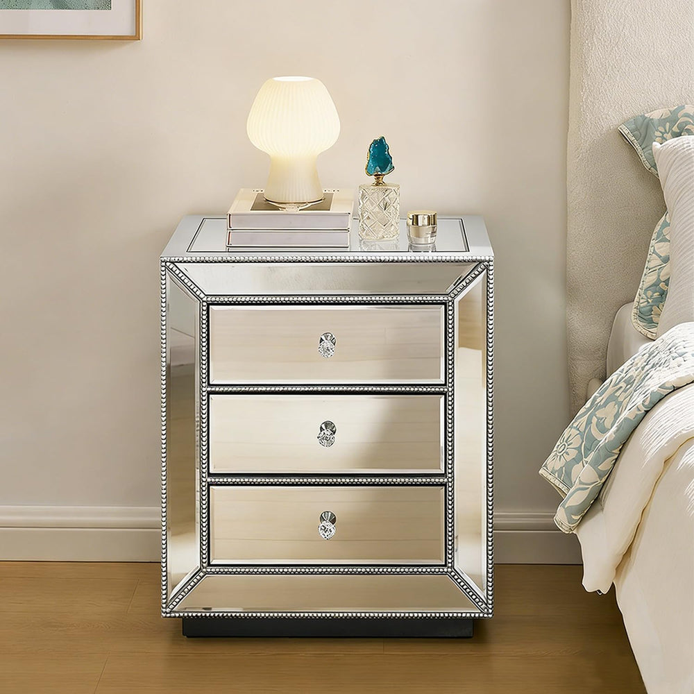IKIFLY Mirrored Nightstand with 3 Drawers, Silver End Table with Crystal Hand...