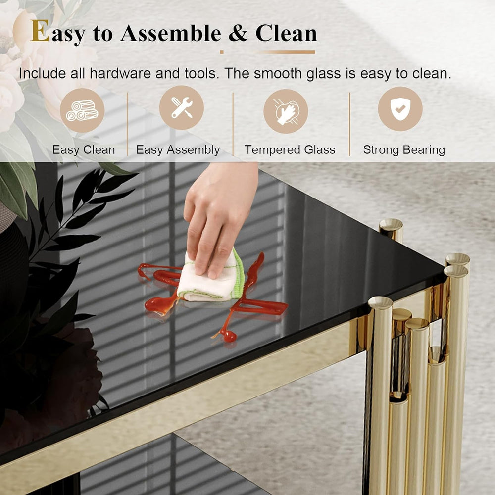Luxury Gold Glass End Table,Sqaure Sofa Side Table with Shiny Geometric Stain...