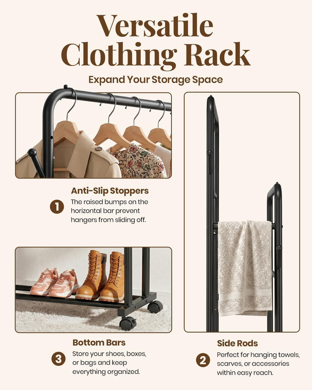 Delamu Clothes Rack Double Rods, Black, 65''Hx32''W