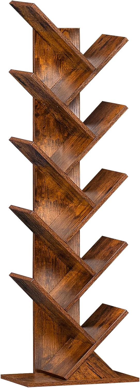 SHEEPAM 10 Tier Tree Book Shelf, Floor Standing Wood Bookshelf for Narrow Spa...
