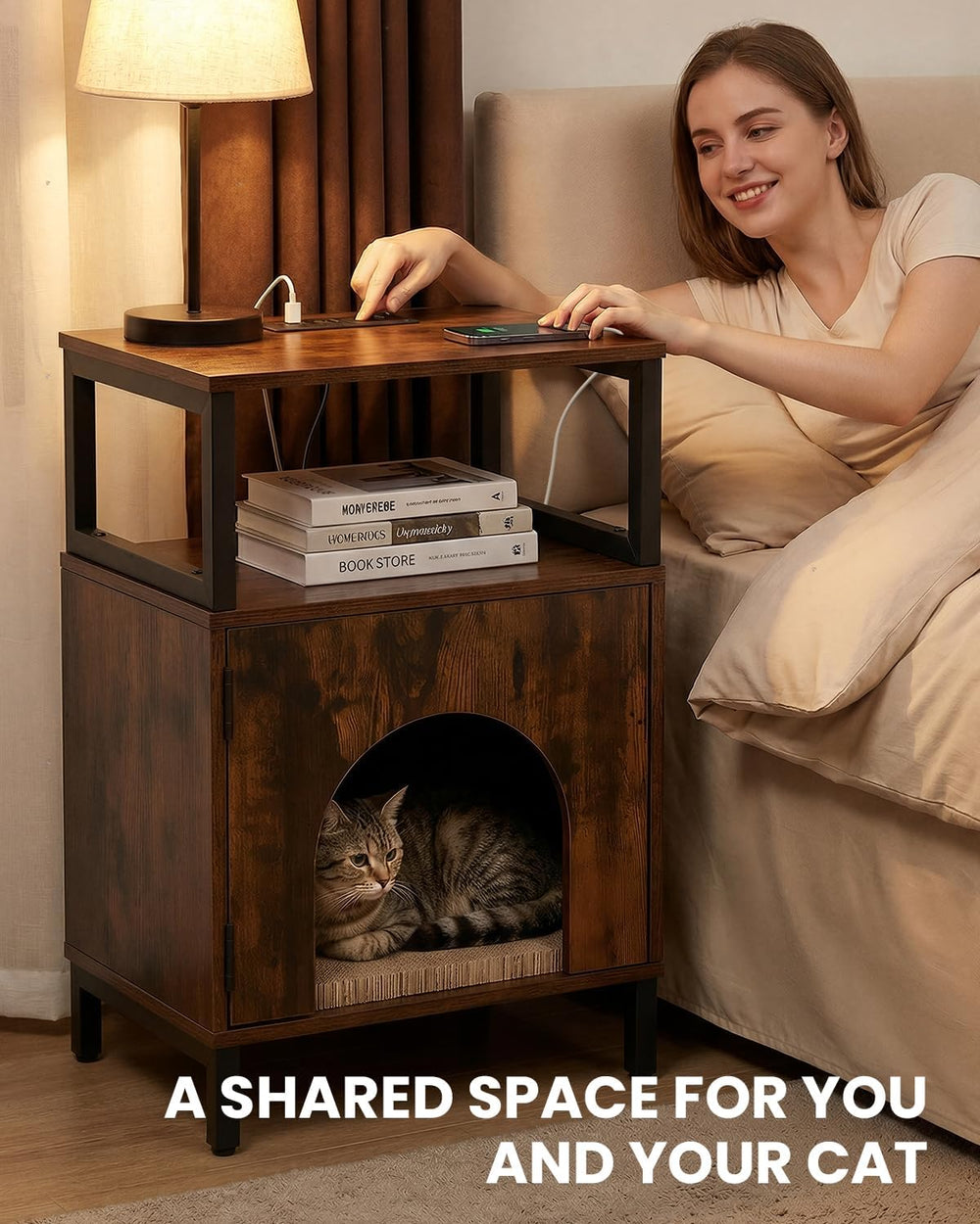 Cat Side Table with Charging Station & Storage Shelf, Small End Tables wi...