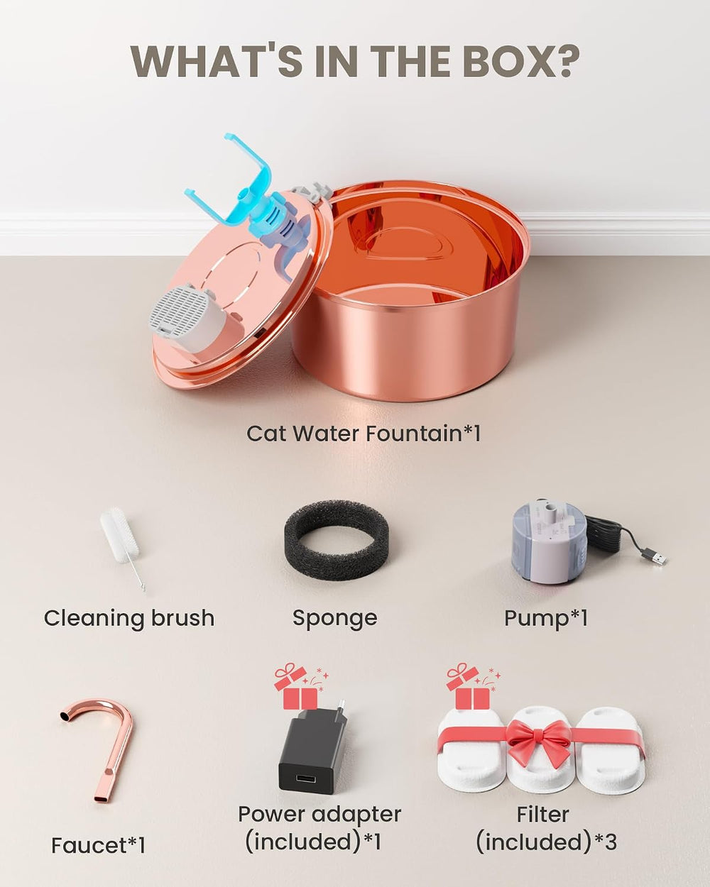 Tomxcute Stainless Steel Cat Water Fountain with Copper-Plated 108oz/3.2L