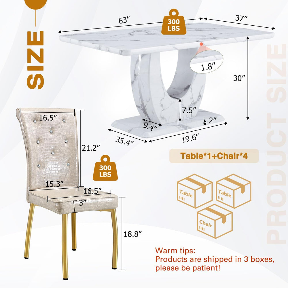Modern Faux Marble Dining Table Set for 4, 63" White Rectangular Kitchen...