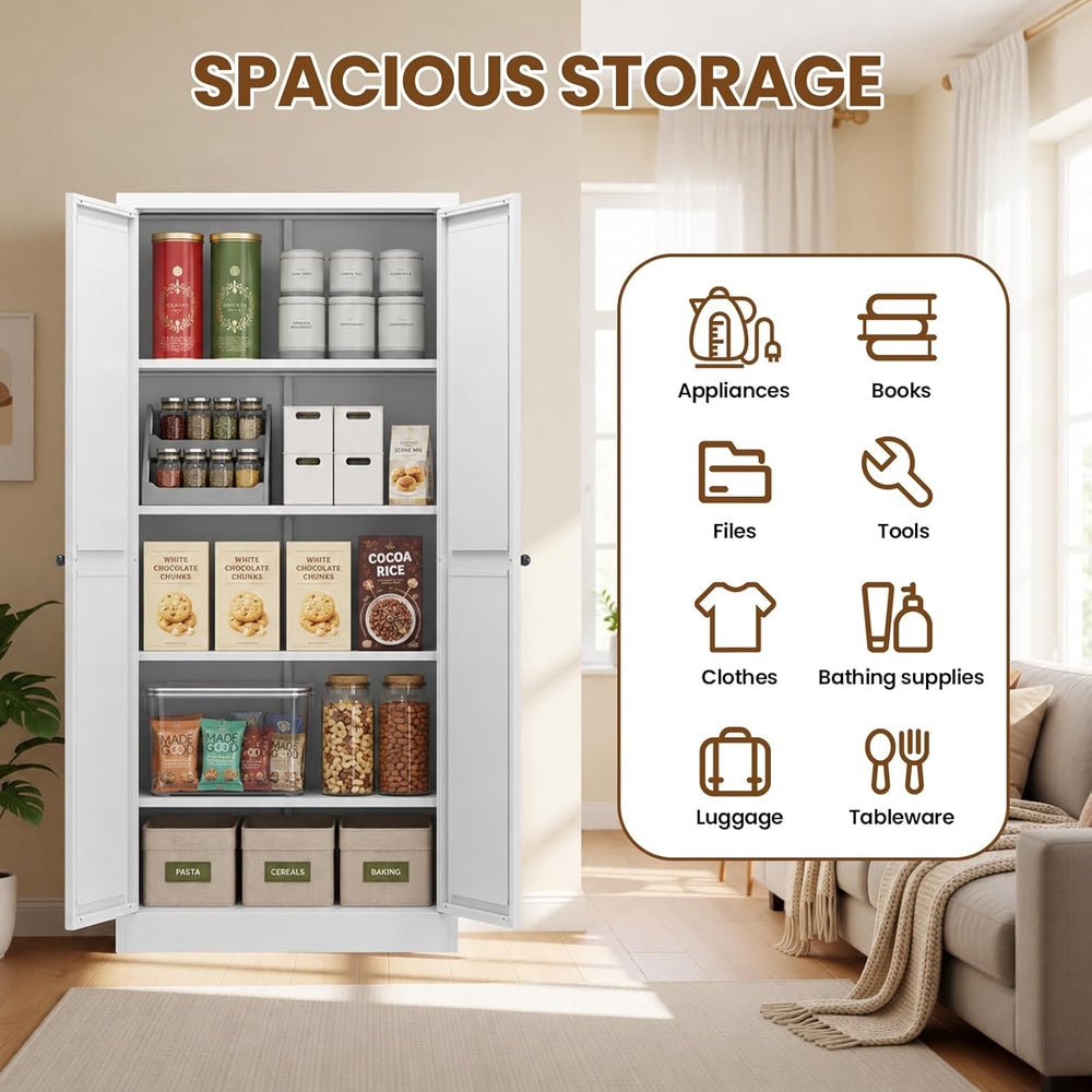 Metal Pantry Cabinet, 61" Kitchen Pantry Cabinet with 2 Doors and 4 Adju...