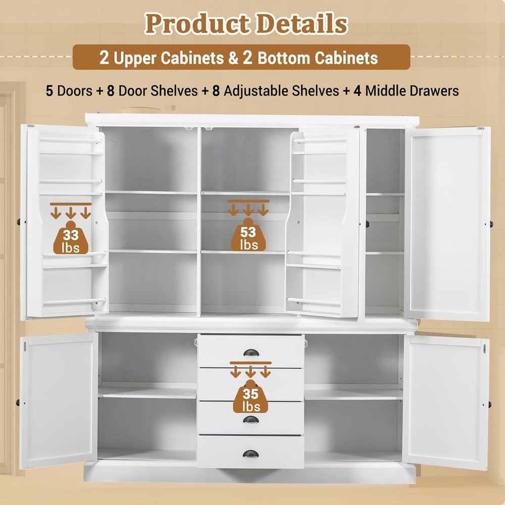 73" Freestanding Kitchen Pantry Organizer - Wooden Storage Unit with 4 S...