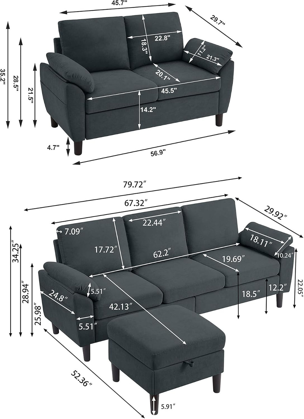 Convertible Sectional Sofa Set, 79" Modern L Shaped Couch and 57" L...