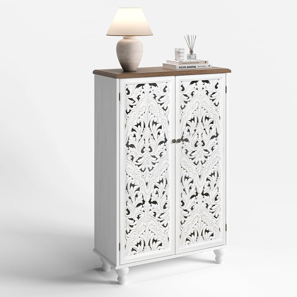 JOINICE 47" Tall Accent Cabinet with Carved Doors & Storage for Livi...