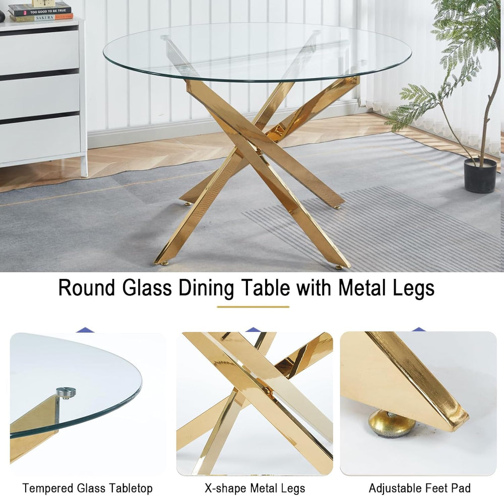 47.2'' Round Glass Dining Table for 4, Glass Round Dining Room Table ...